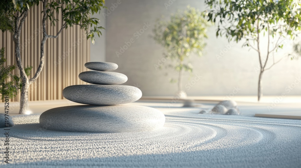 Poster zen garden design featuring stacked stones on raked sand with trees in a minimalist space copy space