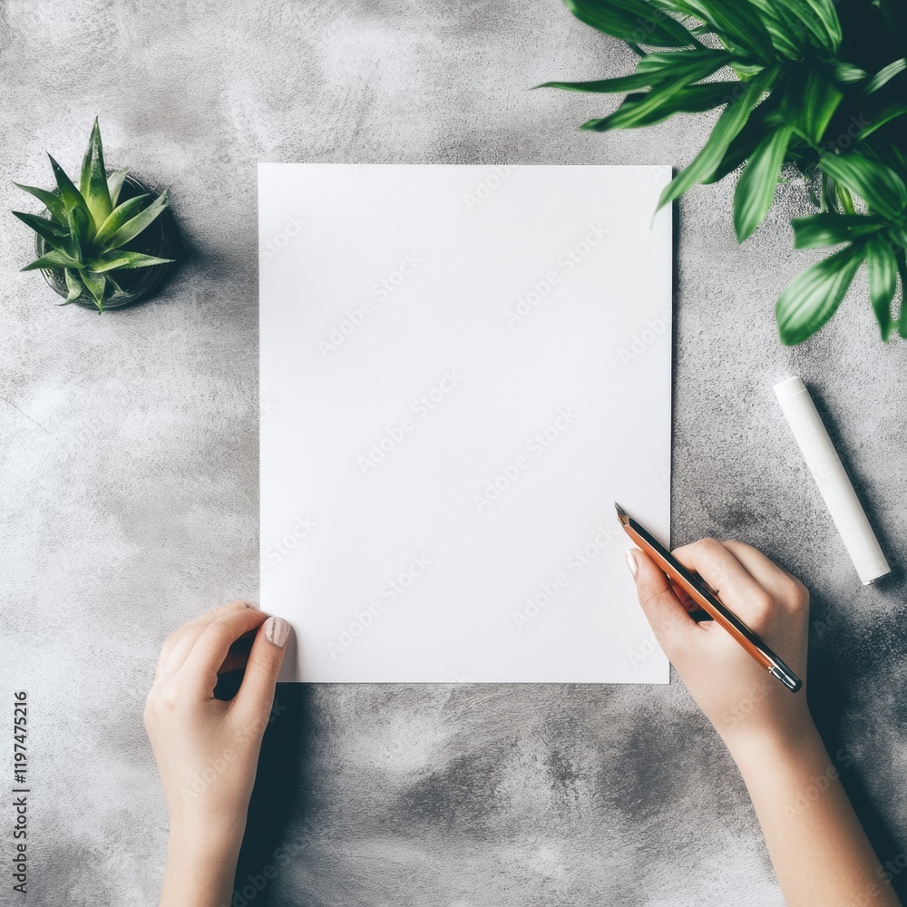 Poster blank sheet of paper on a textured surface with greenery and writing tools ready for creative ideas 