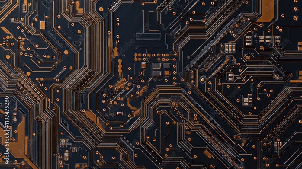 Poster abstract close-up of a black and gold circuit board with intricate patterns and connections ideal fo
