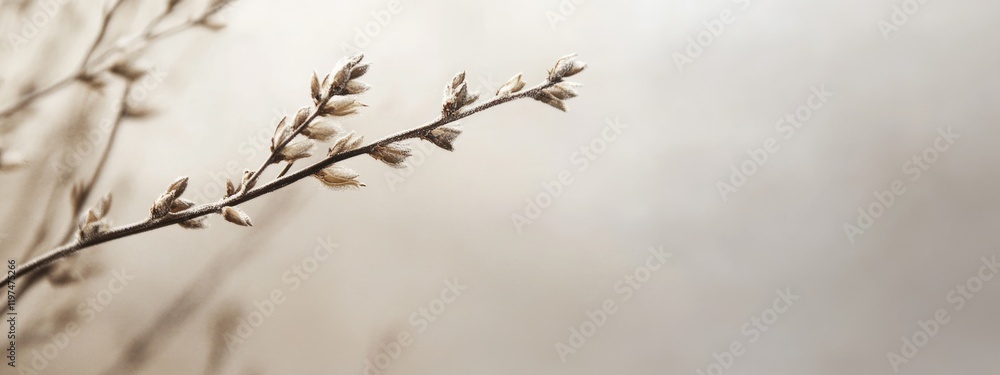 Poster dried plant branch with small buds on soft blurred background with copy space for text placement