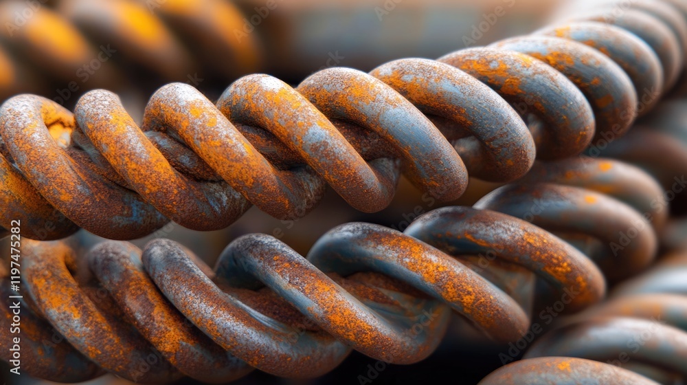 Poster rusty metallic coil with textured surface and patina showcasing industrial decay and aging materials