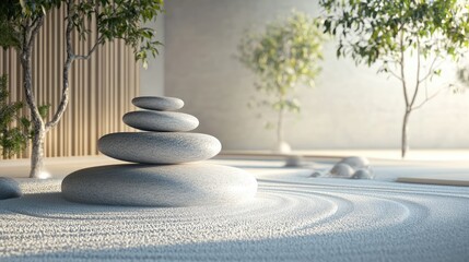 Zen garden design featuring stacked stones on raked sand with trees in a minimalist space Copy Space for text placement
