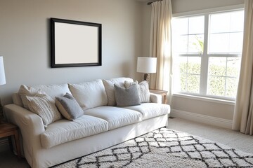 Fototapeta premium Cozy living room with natural light streaming through large windows and inviting neutral decor