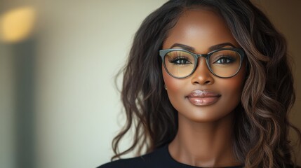Fototapeta premium Confident woman with glasses and soft smile posing for a portrait in a well-lit indoor space during daytime