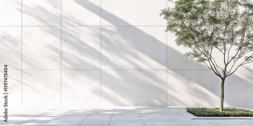 Aufkleber modern minimalist architecture with tree beside blank wall casting shadows copy space