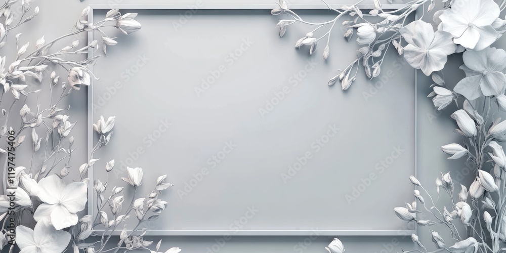 Poster white floral frame with copy space for text on a light gray background decorated with delicate flowe