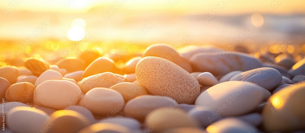 Poster golden hour sunlight illuminating smooth sea pebbles on a beach with shallow depth of field and copy