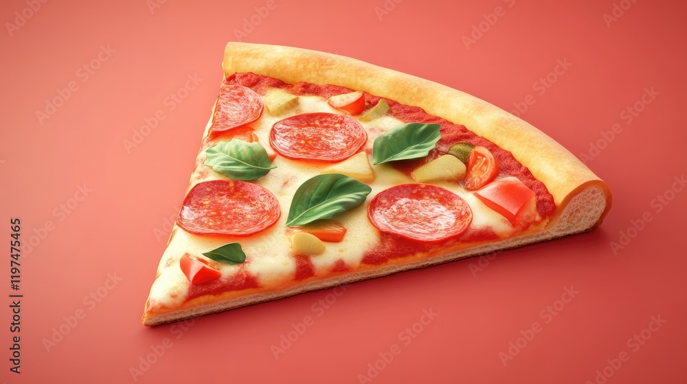 Poster slice of pepperoni pizza topped with basil and tomatoes on a red background with ample copy space fo