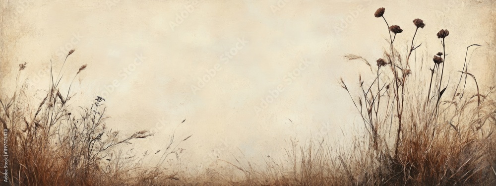 Poster dry grass and wildflowers on textured background with copy space for text or graphics