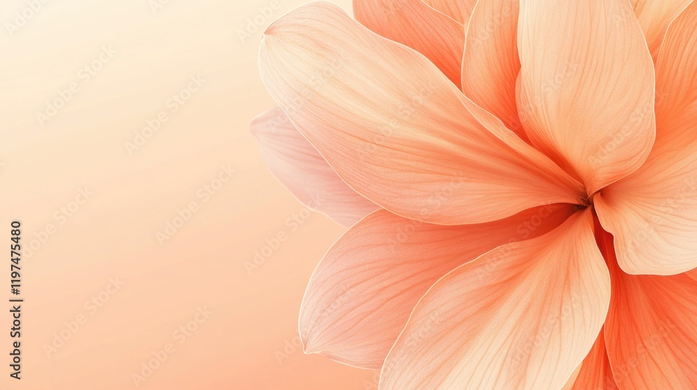 Poster delicate peach flower petal close-up on soft gradient background with ample copy space for text or g
