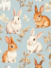 Fototapeta premium Funny bunny seamless pattern. Rabbits cartoon textile print, cute bunnies wallpaper. Pretty cartoon wild animals characters for kids, vector background