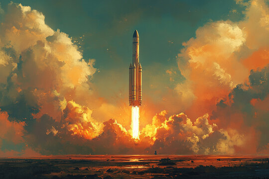 Rocket launch at dawn with vibrant clouds and flames illuminating the sky