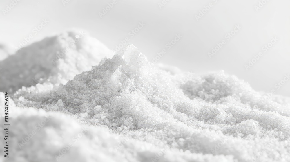 Poster close-up view of coarse white salt crystals with soft focus background and copy space for text place