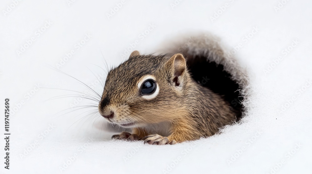 Poster squirrel peeking out from a nest hole with fur texture and neutral background providing ample copy s