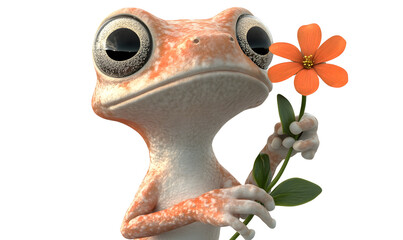 Fototapeta premium Cute cartoon gecko holding orange flower.