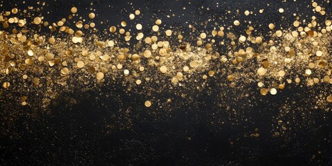 Gold glittering confetti on black background with sparkling effects and room for text Copy Space