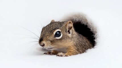 Fototapeta premium Squirrel peeking out from a nest hole with fur texture and neutral background providing ample Copy Space for text insertion