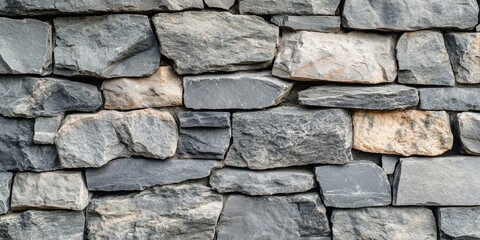 Fototapeta premium Textured stone wall background with various sizes of gray and beige stones, ideal for architectural design and construction themes, Copy Space available