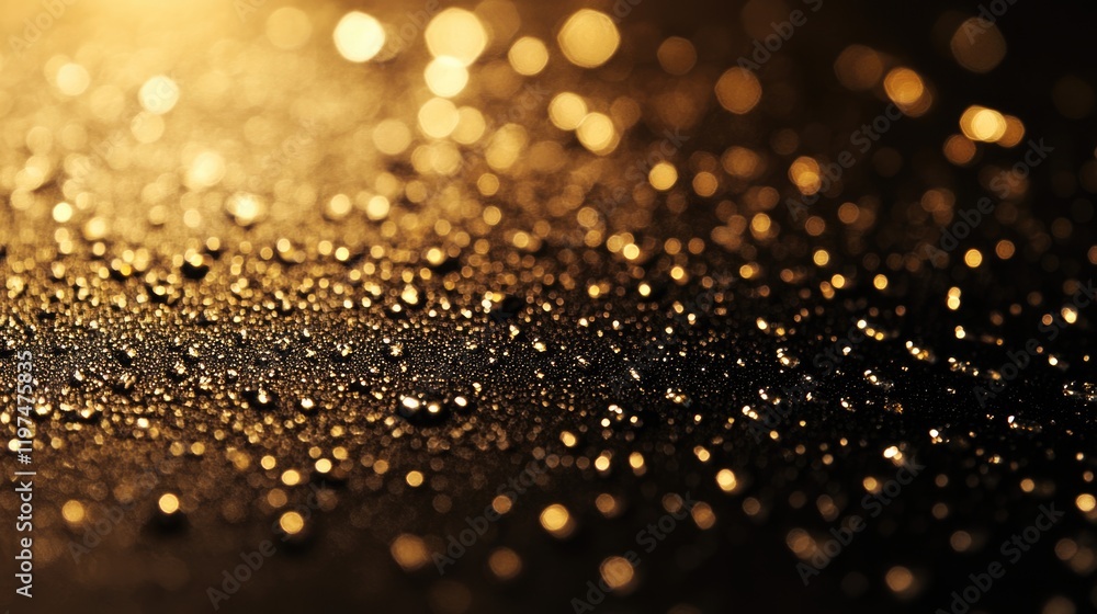 Poster abstract close-up of droplets on a dark surface glistening in warm golden light with copy space for 
