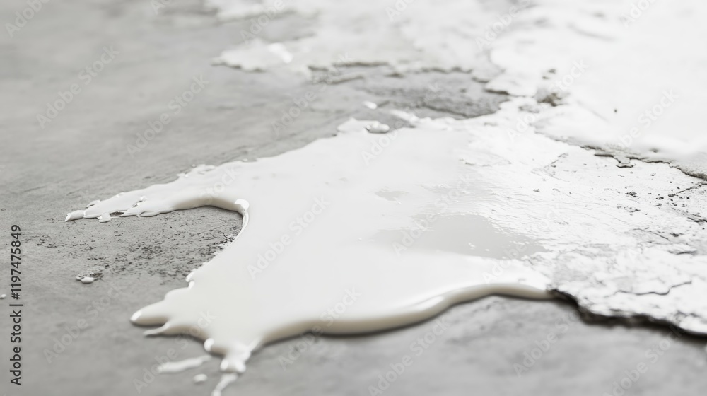 Aufkleber spilled white paint on a textured gray surface with ample copy space for text placement.