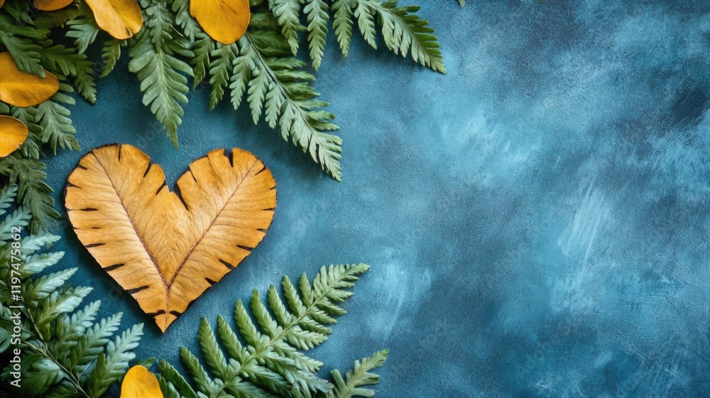 Poster autumn leaves and fern arrangement with a heart-shaped dried leaf on a textured blue background with