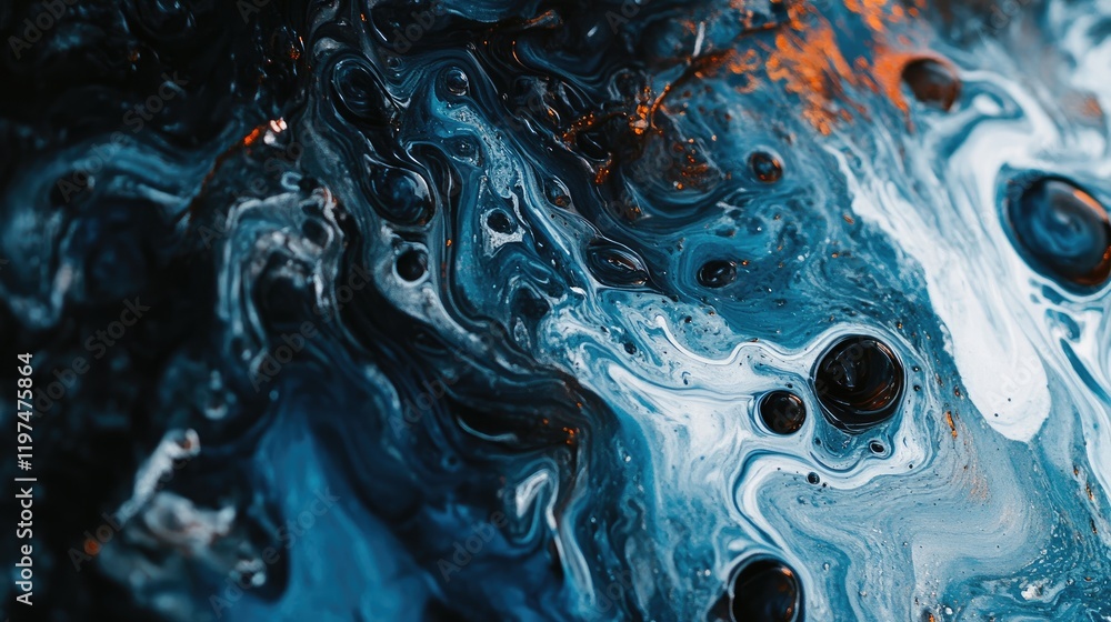 Poster abstract fluid art with swirling blue, black, and white patterns and bubbles, suitable for backgroun