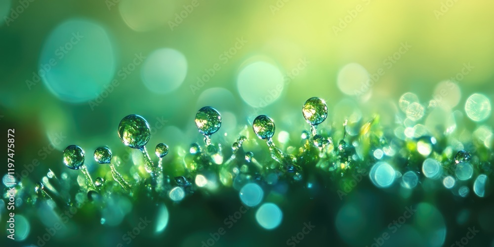 Poster macro shot of dew droplets on grass blades with bokeh background and soft green and blue colors copy
