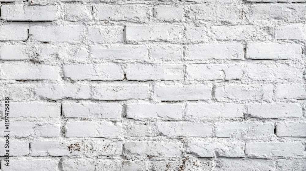Poster white brick wall texture with visible mortar joints and weathered spots suitable for background use 