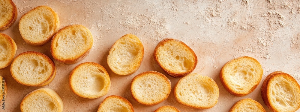 Poster sliced crispy bread rounds arranged on a textured surface with copy space for food-related text or b
