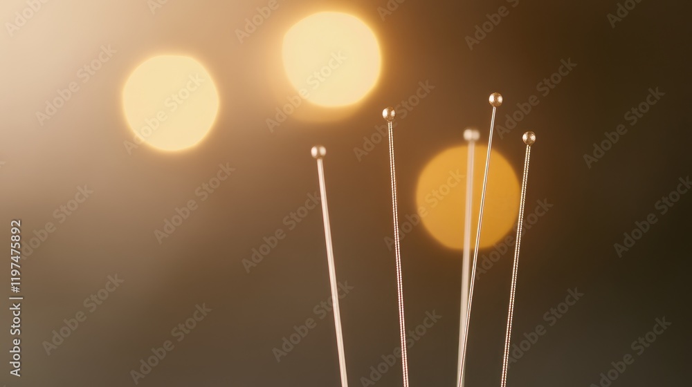 Poster close-up of metallic pins with round heads against a blurred bokeh background featuring soft lights 