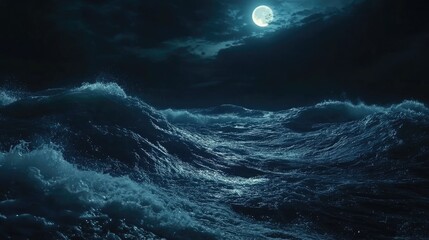 Dark ocean waves under a full moon at night with dramatic lighting and turbulent water creating a moody atmosphere with Copy Space.