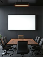 Meeting conference room with blank empty mockup tv screen monitor for advertising standing in modern contemporary office on black wall background. No people. Business technologies concept.