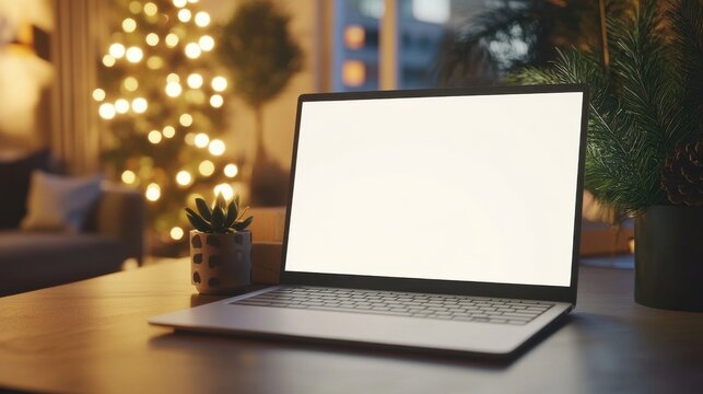 Laptop computer with white blank empty mock up screen on Merry Christmas table with presents gifts, decorated Xmas tree in Santa house background. Ecommerce website online shopping delivery ads.