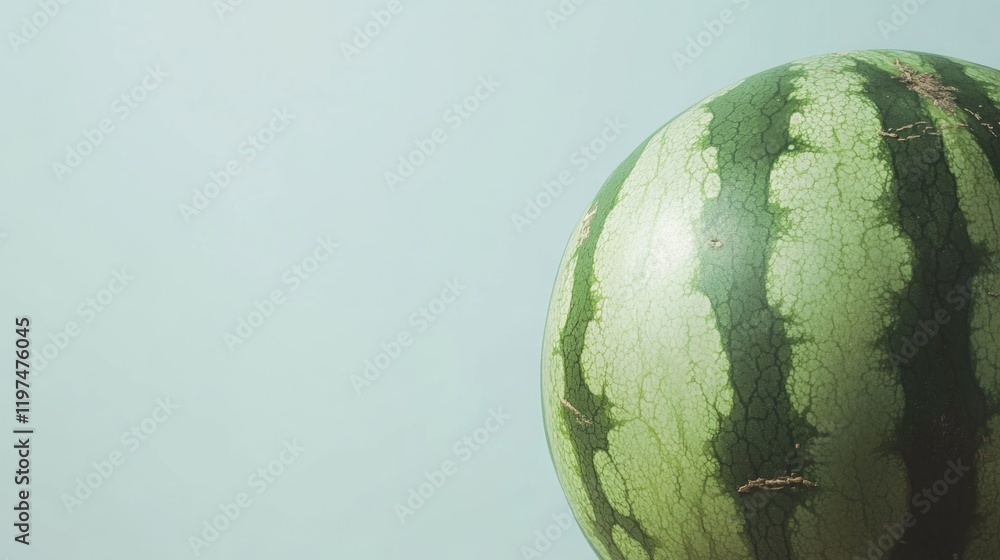 Poster fresh watermelon with green striped rind on a pale background with ample copy space for text or grap