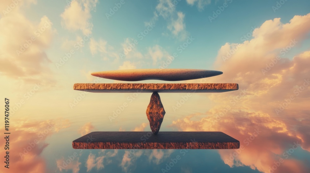 Poster floating geometric shapes balanced above a reflective surface under a colorful sky with clouds durin