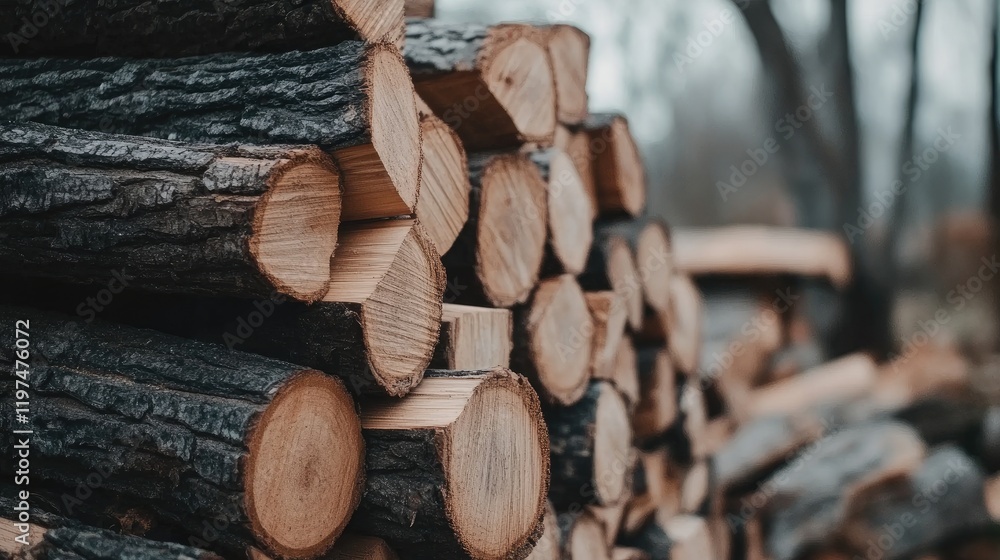 Poster stacked logs with neatly cut ends in a forest setting, showcasing natural wood textures and patterns