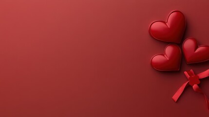 Three vibrant red hearts entwined with a silky red ribbon rest against a rich red backdrop, capturing the essence of love and romance for Valentine's Day.