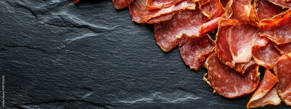 Poster sliced cured meat on dark slate background with copy space for text or branding