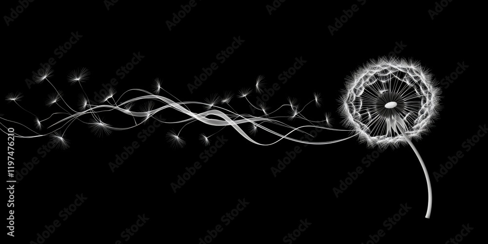 Poster dandelion seeds blowing in the wind with soft focus on black background copy space