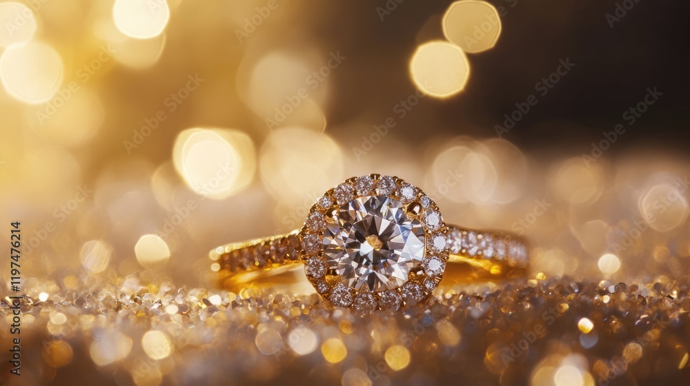 Poster close-up of elegant diamond engagement ring on shimmering gold background with bokeh effect and copy