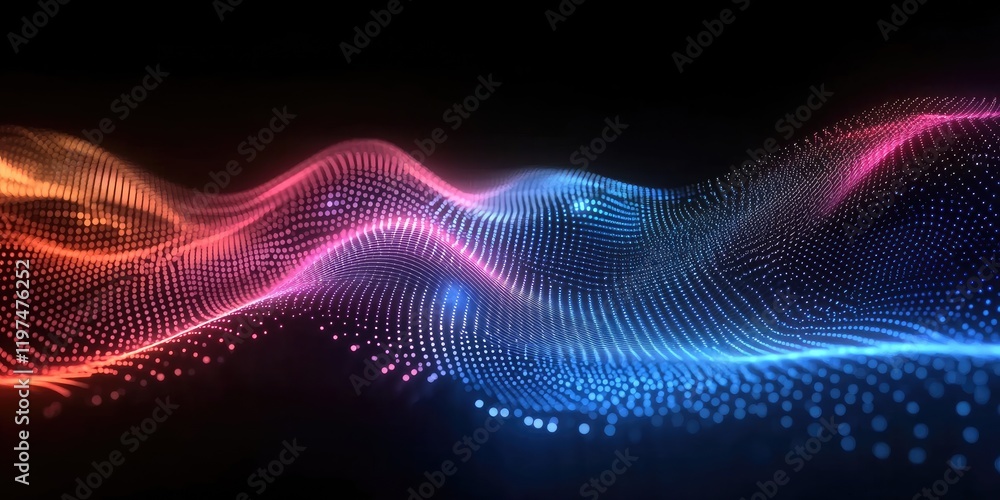 Poster abstract wave of glowing particles in vibrant colors on a black background with copy space for text 