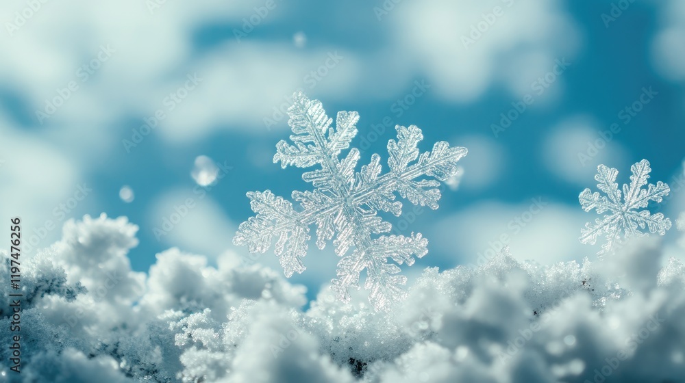 Aufkleber close-up of delicate snowflakes on soft white snow with a blurred blue background and visible bokeh 