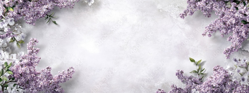Poster floral border with lilac and white flowers on textured gray background featuring ample copy space fo