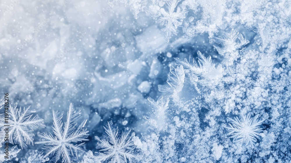 Poster winter frost patterns on ice with snowflakes, creating a serene cold atmosphere ideal for seasonal t