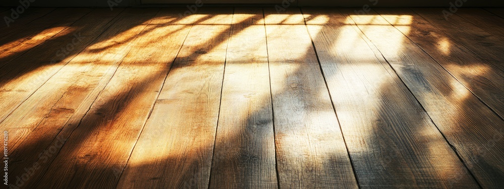 Poster wooden floor with sunlight shadows creating a pattern and textures copy space