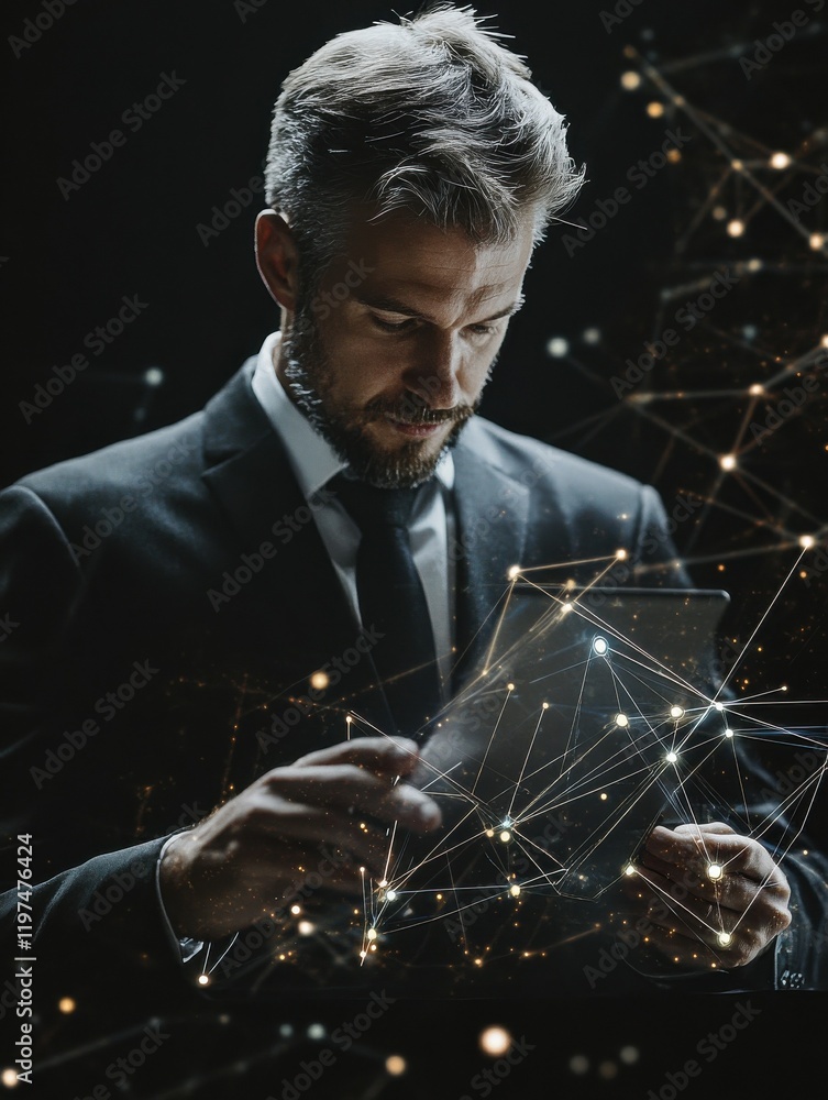 Poster business, augmented reality and future technology concept - businessman in suit working with transpa