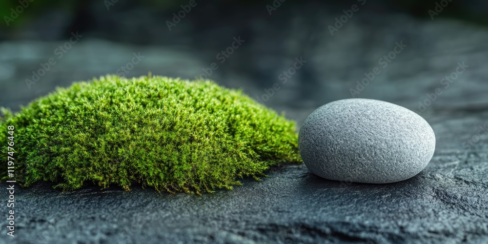 Poster moss covered stone on textured rock surface with copy space for text placement in a natural setting