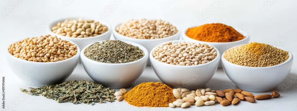 Poster variety of spices and seeds in white bowls on a light background with copy space for text