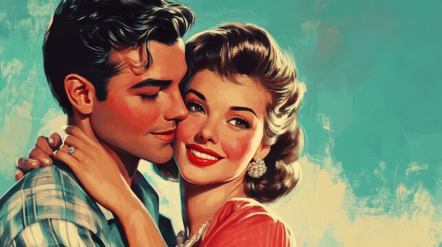 Portrait of a beautiful romantic couple in love. Man and woman. Vintage illustration in comic style. Movie poster in 1950s style.
