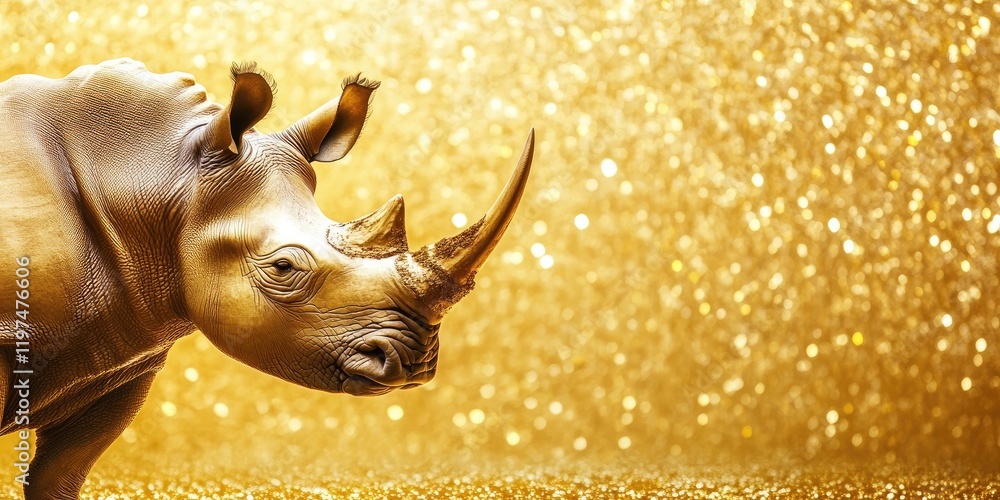 Poster golden rhinoceros on a sparkling golden background with copy space for text usage